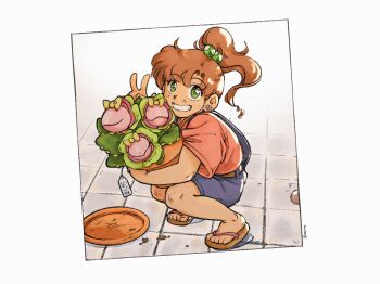 1girl aged_down bishoujo_senshi_sailor_moon denim denim_jacket earrings flower_earrings flower_pot green_eyes hair_bobbles hair_ornament highres jacket jewelry kino_makoto mercuri0ff parted_bangs pink_shirt plant ponytail sandals shirt smile tagme twitter_username v
