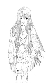 1girl boots breasts cardigan cleavage collar collarbone dress hand_in_pocket highres large_breasts leaning_forward long_hair looking_at_viewer monochrome oku_hiroya original pantyhose smile solo sweater teeth upper_teeth_only