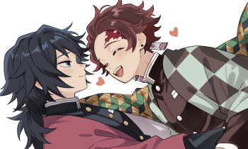2boys absurdres black_hair black_jacket blue_eyes buttons checkered_haori closed_eyes closed_mouth commentary_request demon_slayer_uniform earrings empty_eyes gold_buttons hanafuda_earrings haori heart high_collar highres jacket japanese_clothes jewelry kamado_tanjirou kikkoumon kimetsu_no_yaiba kqi621 long_hair low_ponytail male_focus multiple_boys open_mouth ponytail print_haori red_haori simple_background smile spiked_hair teeth tomioka_giyuu tongue upper_body upper_teeth_only white_background yaoi