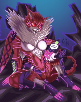+_+ 10s 1girl absurdres armor breasts claws digimon digimon_adventure_tri. fangs fur_collar furry furry_female glowing glowing_markings highres large_breasts meicrackmon_vicious_mode navel neon_trim red_eyes sacrificabominat sharp_nails shoulder_armor thighs wide_hips