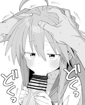 1boy 1girl ahoge bar_censor censored fellatio grabbing_another's_head greyscale hair_between_eyes henyaan_(oreizm) hetero highres izumi_konata loli long_hair lucky_star monochrome oral penis school_uniform serafuku simple_background white_background