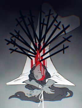 1boy alt_text blood blood_on_body blood_on_clothes blood_on_face bound bound_wrists chinese_clothes chromatic_aberration commentary english_commentary facing_viewer frown gradient_background grey_background hair_bun hanfu hawberries highres horrified horror_(theme) impaled long_hair long_sleeves lying male_focus on_back parted_lips single_hair_bun solo spoilers stab sword tianguan_cifu too_many_weapons upper_body upside-down weapon white_hanfu wide-eyed wide_sleeves xie_lian