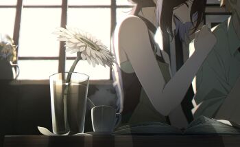1boy 1girl absurdres apron black_choker black_hair blonde_hair book chainsaw_man choker closed_eyes cup denji_(chainsaw_man) flower grenade_pin grey_apron grey_shirt highres hosun indoors laughing mug open_book open_mouth reze_(chainsaw_man) shirt steaming_cup table teeth upper_teeth_only water white_flower window