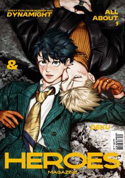 2boys 9_a_zq absurdres alternate_costume bakugou_katsuki barcode blonde_hair boku_no_hero_academia character_name collared_shirt commentary_request cover fake_magazine_cover forehead freckles gloves green_eyes green_hair hair_pulled_back heads_together highres jacket jewelry lips long_sleeves looking_at_viewer lying magazine_cover male_focus midoriya_izuku multiple_boys multiple_rings necklace necktie on_back orange_gloves red_eyes ring scar scar_on_arm scar_on_face scar_on_forehead shirt short_hair suit_jacket teeth thumb_ring white_shirt