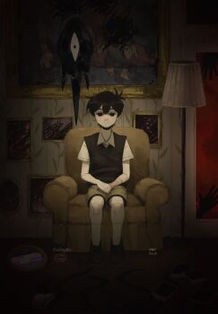 1boy antenna_hair artist_name basil_(headspace)_(omori) basil_(omori) black_eyes black_hair black_sweater_vest bright_pupils brown_shorts censored closed_mouth collared_shirt highres lamp madnopost male_focus omori painting_(object) photo_(object) scribble_censor shirt short_hair shorts sitting solo something_(omori) spoilers sunny&#039;s_dad_(omori) sunny&#039;s_mom_(omori) sweater_vest white_pupils white_shirt