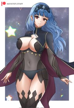 Rule 34 | 1girl, alternate costume, artist name, black panties, blue hair, bodystocking, border, breasts, brown eyes, cleavage, closed mouth, commentary, commission, cosplay, covered navel, english commentary, fire emblem, fire emblem: three houses, fire emblem fates, fire emblem warriors: three hopes, gluteal fold, hayato stuff, highres, large breasts, long hair, marianne von edmund, nintendo, nyx (fire emblem), nyx (fire emblem) (cosplay), official alternate hairstyle, outside border, panties, second-party source, solo, star (symbol), thighs, underwear, white border