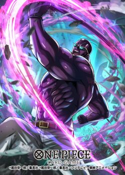 1boy abs black_hair buzz_cut clenched_hands commentary_request copyright_name haki_(one_piece) hokuyuu muscular muscular_male official_art one_piece one_piece_card_game open_mouth punching short_hair smoke solo sunglasses topless_male vergo_(one_piece) very_short_hair