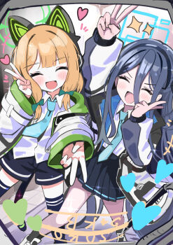 2girls absurdly_long_hair absurdres animal_ear_headphones animal_ears aris_(blue_archive) black_hair black_hairband black_shorts black_skirt blonde_hair blue_archive blue_halo blue_necktie blush bow cat_ear_headphones cat_ears double_v fake_animal_ears green_halo hair_between_eyes hair_bow hairband halo headphones highres jacket long_hair long_hair_between_eyes long_sleeves low-tied_sidelocks midori_(blue_archive) multiple_girls necktie open_mouth pleated_skirt rectangular_halo shirt short_hair shorts sidelocks skirt smile thighhighs thomason366 v very_long_hair white_shirt