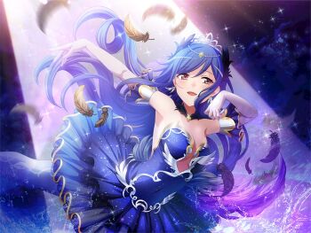1girl ballerina blue_dress blue_hair breasts brown_eyes cleavage cosplay dress earrings elbow_gloves feather_earrings feathers game_cg gloves jewelry kochou_shizuha long_hair looking_at_viewer medium_breasts odile_(swan_lake) odile_(swan_lake)_(cosplay) official_art open_mouth shoujo_kageki_revue_starlight shoujo_kageki_revue_starlight_-re_live- solo spotlight standing standing_on_one_leg swan_lake tiara upper_body wavy_hair white_gloves