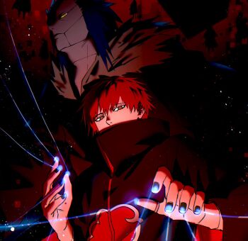 1boy akatsuki_uniform bagyuli271 black_coat black_nails coat highres long_sleeves looking_at_viewer male_focus naruto_(series) naruto_shippuuden puppet puppet_strings red_eyes red_hair sasori_(naruto) short_hair solo third_kazekage upper_body wide_sleeves