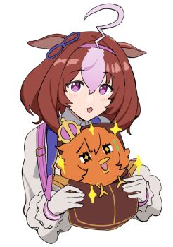 1girl :3 ahoge animal animal_ears animalization bag beak bird bow brown_hair crown ear_ribbon ears_down fikkyun hair_between_eyes hairband horse_ears horse_girl long_sleeves looking_at_viewer medium_hair meisho_doto_(umamusume) meme mini_crown multicolored_hair open_mouth orange_hair pink_hairband purple_eyes short_hair simple_background sparkle t.m._opera_o_(umamusume) two-tone_hair umamusume white_background white_hair