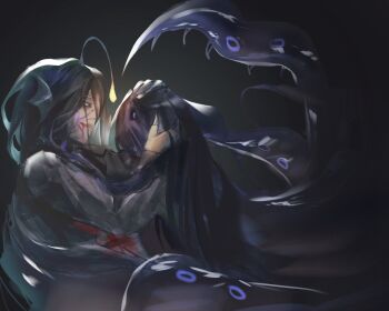 1boy 1other anglerfish_boy bandaged_head bandaged_torso bandages black_hair black_shirt blood blood_from_mouth catnip_cataria dim_lighting fins hand_on_another&#039;s_face hand_on_another&#039;s_head hands_up head_fins head_tilt highres long_hair pressure_(roblox) purple_eyes sebastian_solace shirt smile tentacles