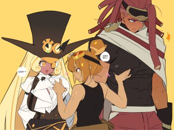 1boy 2girls :d :o ascot averting_eyes bisexual_female black_shirt blonde_hair blush brown_eyes brown_hair brown_vest cookie_run cookie_run:_ovenbreak covered_abs covered_pectorals croissant_cookie dark-skinned_female dark-skinned_male dark_skin eyebrow_cut eyepatch goggles goggles_on_head goggles_on_headwear grabbing_another's_breast groping hair_bun hand_on_another's_chest hat height_difference highres long_hair looking_at_another multicolored_hair multiple_girls muscular muscular_male ohta_guk_hip open_mouth pectorals puffy_sleeves purple_eyes red_hair shirt size_difference smile string_gummy_cookie sweat tank_top timekeeper_cookie top_hat two-tone_hair undercut vest white_ascot white_shirt yellow_eyes