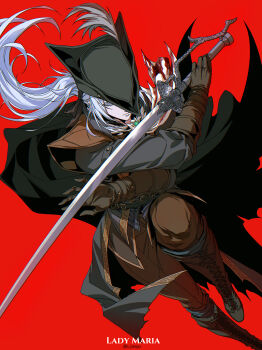 1girl absurdres belt belt_buckle bloodborne boots buckle character_name commentary english_commentary gloves grey_eyes hat highres holding holding_sword holding_weapon lady_maria_of_the_astral_clocktower looking_at_viewer pants red_background s_jiaogu simple_background solo sword twitter_username weapon white_hair