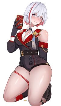 1girl ankle_strap arm_behind_back belt black_gloves black_sleeves black_unitard blue_eyes blush boots breasts cellphone cleavage coin detached_collar detached_sleeves gloves holding holding_phone honkai:_star_rail honkai_(series) kneeling medallion medium_breasts military_uniform mole mole_on_thigh multicolored_hair phone red_hair selfie shee-p_(inemurisheep113) short_hair skindentation smartphone smile solo thick_thighs thigh_strap thighs topaz_(honkai:_star_rail) unitard white_background white_hair