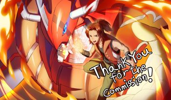 Rule 34 | 10 09hwan, 1boy, absurdres, armor, aura, bare shoulders, black shirt, blue eyes, brown hair, clenched hand, close-up, commission, daimon masaru (digimon savers), digimon, digimon (creature), digimon savers, dragon, fire, foot out of frame, green pants, high ponytail, highres, horns, male focus, open clothes, open vest, pants, ponytail, red armor, red vest, shinegreymon, shinegreymon burst mode, shirt, sleeveless, sleeveless shirt, vest