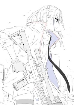 Rule 34 | 1girl, ar-15, assault rifle, blue eyes, closed mouth, dress, from side, girls' frontline, gloves, gun, hair ornament, holding, holding gun, holding weapon, jacket, long hair, monochrome, one side up, open clothes, open jacket, profile, rifle, scope, single leg pantyhose, sohin, solo, spot color, st ar-15 (girls' frontline), thigh strap, weapon