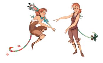 1girl breasts brown_choker brown_pants brown_sandals brown_tank_top choker full_body greekceltic green_eyes jacky_(greekceltic) multiple_persona orange_hair original pants ponytail sandals simple_background solo tail tank_top white_background