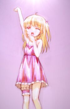 1girl ;o ahoge arm_up armpits blunt_bangs boku_wa_tomodachi_ga_sukunai chemise collarbone commentary_request feet_out_of_frame frilled_chemise frilled_thigh_strap gradient_background hair_ribbon hasegawa_kobato highres long_hair official_artist_extra one_eye_closed open_clothes pink_background pink_chemise pink_ribbon red_eyes ribbon sleepy solo standing stretching thigh_strap watanabe_yoshihiro yawning