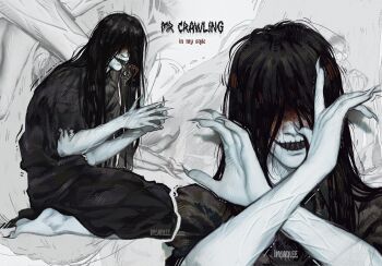 1boy black_hair black_kimono black_teeth black_tongue blood blood_on_face colored_teeth commentary english_commentary english_text fingernails grey_background grin highres homicipher itssanlee japanese_clothes kimono long_hair long_tongue male_focus mr._crawling multiple_views saliva sharp_fingernails sharp_teeth sharp_toenails smile teeth toenails tongue veins very_long_hair zoom_layer