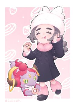 1girl ansha_(pokemon) black_coat black_hair blush blush_stickers braid closed_eyes closed_mouth coat colored_sclera donut eyelashes food gen_6_pokemon goh_(lwvegoh) green_eyes grin hat highres holding holding_donut holding_food hoopa hoopa_(confined) horns leg_warmers legendary_pokemon long_hair long_sleeves mythical_pokemon nintendo open_mouth pink_leg_warmers pink_scarf pokemon pokemon_(creature) pokemon_legends:_z-a scarf smile teeth tongue tongue_out white_hat winter_clothes winter_coat yellow_sclera