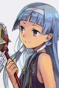 1girl blue_hair blunt_bangs female_focus hair_tubes hairband holding hungry_clicker kannagi long_hair looking_away nagi purple_eyes solo white_background white_hairband