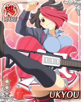 1girl black_hair black_jacket black_thighhighs blue_shirt border breasts card_(medium) character_name cleavage english_text game_cg grin guitar hair_over_one_eye holding holding_plectrum instrument jacket kicking large_breasts leg_up looking_at_viewer multicolored_hair official_alternate_costume official_art open_clothes open_jacket pleated_skirt plectrum red_eyes red_hair school_uniform senran_kagura senran_kagura_new_wave shirt short_hair shuriken_earrings skindentation skirt smile solo thighhighs two-tone_hair ukyou_(senran_kagura) white_skirt