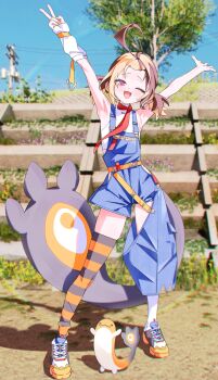 1girl ;d absurdres armpits arms_up asymmetrical_legwear belt blonde_hair blue_overalls blue_sky blurry blurry_background brown_hair chromatic_aberration clothing_request commentary day english_commentary fangs flat_chest gigi_murin grass gurumie highres holojustice hololive hololive_english leaf light_blush looking_at_viewer mismatched_legwear multicolored_hair one_eye_closed open_mouth orange_belt outdoors outstretched_arms overalls rainbow sand shadow shoes short_shorts shorts sidelocks sky smile sneakers solo stairs standing striped_clothes striped_thighhighs thighhighs tongue tree twintails two-tone_hair v virtual_youtuber white_arm_warmers yellow_nails zipper_pull_tab