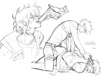 2boys anal antenna_hair arms_behind_back ass blush bound bound_arms cheng_xiaoshi chest_belt choker clothes_pull commentary doggystyle english_commentary english_text gloves greyscale gun gun_to_head handgun highres holding holding_gun holding_weapon jacket kneeling licking long_sleeves looking_at_another lu_guang lying male_focus male_penetrated messy_hair monochrome multiple_boys multiple_views on_stomach open_clothes open_fly open_jacket open_mouth oyaamu pants pants_pull ponytail sex sex_from_behind shiguang_dailiren shirt short_hair short_ponytail simple_background sketch smile solo_focus thigh_strap tongue tongue_out top-down_bottom-up weapon white_background yaoi