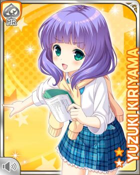 1girl blue_bow blue_skirt blunt_bangs book bow button card_(medium) character_name girlfriend_(kari) green_eyes kiriyama_yuzuki looking_at_viewer official_art open_mouth plaid_clothes plaid_skirt purple_hair qp:flapper school_uniform shirt skirt smile solo tagme tied_sweater white_shirt yellow_background