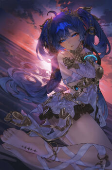 1girl absurdres ahoge ancient_greek_clothes armlet backlighting bare_shoulders barefoot black_skirt blue_eyes blue_hair commentary dutch_angle gold_bra greco-roman_clothes highres indol iuno_(wuthering_waves) jewelry laurel_crown long_hair looking_at_viewer miniskirt multicolored_hair outdoors parted_lips revision skirt solo streaked_hair sunset tacet_mark_(wuthering_waves) thighs toes twintails very_long_hair wuthering_waves