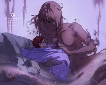 Rule 34 | 1boy, 1girl, a coffan, absurdres, artist name, baby, blonde hair, breasts, carrying, carrying baby, carrying person, cloak, closed eyes, disintegration, gaara (naruto), hair between eyes, highres, karura (naruto), medium breasts, medium hair, mother and son, naruto (series), no eyebrows, nude, pillow, purple background, purple cloak, red eyes, sand, short hair, smile, upper body