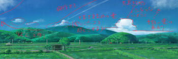 arrow_(symbol) bilingual_commentary blue_sky cloud commentary commentary_request day english_commentary gingham_vest_(artist) grass landscape mixed-language_commentary motor_vehicle no_humans original outdoors path road rural scenery sky torii translation_request tree truck utility_pole