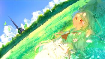 1girl absurdres ahoge ascot atri atri-my_dear_moments- black_bow blue_sailor_collar blue_sky blurry blush bow brown_hair chinese_commentary cloud commentary cowboy_shot dappled_sunlight day depth_of_field dress dutch_angle falling_leaves grass highres holding holding_own_hair leaf long_hair long_sleeves looking_at_viewer lying on_back on_grass outdoors parted_lips red_ascot red_eyes sailor_collar sailor_dress sky solo sunlight two_side_up very_long_hair ze_ping45283