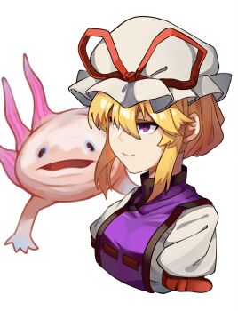 1girl animal axolotl blonde_hair breasts cropped_torso dress hat hat_ribbon highres mob_cap onionmay puffy_short_sleeves puffy_sleeves purple_eyes purple_tabard red_ribbon ribbon short_hair short_sleeves simple_background small_breasts solo tabard touhou white_background white_dress white_hat yakumo_yukari yakumo_yukari_(axolotl)