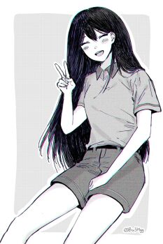 1girl alternate_costume artist_name belt blush bu3hgg closed_eyes collared_shirt double-parted_bangs greyscale hair_between_eyes highres long_hair mari_(faraway)_(omori) mari_(omori) monochrome omori open_mouth shirt short_sleeves shorts smile solo teeth twitter_username upper_teeth_only v
