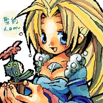 1girl :d artist_request bad_id blonde_hair blue_eyes collarbone commentary_request flower_pot jaggy_lines lady_pearl legend_of_mana lil'_cactus long_hair long_sleeves lowres open_mouth seiken_densetsu simple_background smile white_background