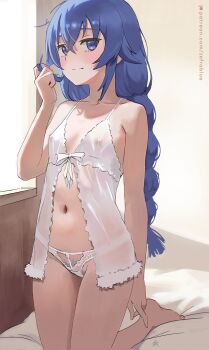 1girl babydoll barefoot blue_eyes blue_hair blue_pubic_hair braid breasts closed_mouth colored_pubic_hair commentary_request covered_erect_nipples crossed_bangs female_pubic_hair hair_between_eyes highres indoors kneeling lace lace_panties lace_trim long_hair looking_at_viewer mushoku_tensei navel on_bed panties patreon_username playing_with_own_hair pubic_hair pubic_hair_peek roxy_migurdia small_breasts solo stomach twin_braids underwear white_babydoll white_panties zefrableu