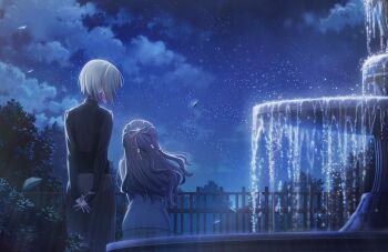 2girls arms_behind_back black_shirt blue_hair blue_sweater_vest chain chain_necklace falling_leaves fountain from_behind game_cg grey_hair grey_pants half_updo highres in-universe_location jewelry leaf link!_like!_love_live! long_hair long_sleeves love_live! multicolored_hair multiple_girls murano_sayaka murano_sayaka_(winter_loungewear) necklace non-web_source official_art outdoors pants red_hair shirt short_hair sitting sky sleeves_past_wrists standing star_(sky) starry_sky streaked_hair sweater_vest turtleneck turtleneck_shirt virtual_youtuber white_shirt yugiri_tsuzuri yugiri_tsuzuri_(post-graduation)