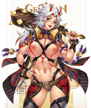 Rule 34 | 1girl, arataki itto, black nails, body markings, bracelet, breasts, club, club (weapon), colored tips, commentary, cowboy shot, fingernails, genderswap, genderswap (mtf), genshin impact, grey hair, hand on own hip, highres, holding, holding club, holding weapon, horns, jewelry, large breasts, lena dai, lipstick, long hair, looking at viewer, makeup, multicolored hair, nail polish, navel, nipples, nose, oni, orange eyes, parted lips, red horns, red lips, revealing clothes, smile, solo, spiked bracelet, spiked club, spikes, stomach, symbol-shaped pupils, weapon, white background