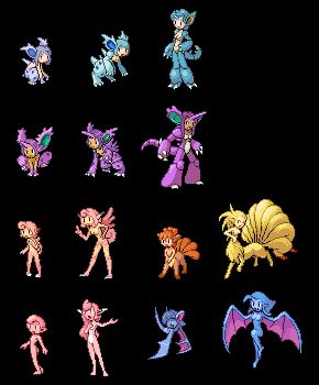 akai_(ugokashitari) animalization breasts centauroid claws cleavage clefable clefairy commentary_request full_body gen_1_pokemon genderswap genderswap_(mtf) golbat horns jigglypuff monster_girl multiple_girls multiple_tails nidoking nidoqueen nidoran nidoran_(female) nidoran_(male) nidorina nidorino ninetales nintendo personification pixel_art pointy_ears pokemon single_horn small_breasts tail taur transparent_background vulpix white_background wigglytuff wings zubat