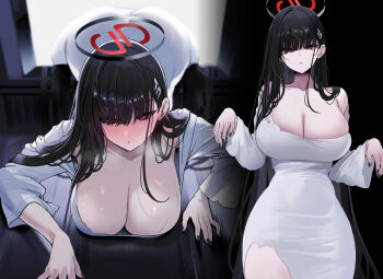1girl absurdres black_hair black_halo black_nails blue_archive breasts bright_pupils cleavage cosplay dress fingernails ghost_costume hair_ornament hairpin halo heavy_breathing highres large_breasts long_hair looking_at_viewer multiple_views nail_polish red_eyes rio_(blue_archive) shiny_skin skindentation the_ring through_medium through_screen very_long_hair white_dress white_pupils yamamura_sadako yamamura_sadako_(cosplay) yuki_(asayuki101)