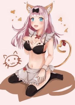 1girl animal_ears apron bikini black_bow blue_eyes bow breasts cat_ears cat_girl cat_tail cleavage fang fujiwara_chika heart highres kaguya-sama_wa_kokurasetai_~tensai-tachi_no_renai_zunousen~ long_hair looking_at_viewer maid_apron minertime pink_hair sitting swimsuit tail thighhighs