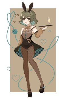 Rule 34 | 1girl, :d, animal ears, black leotard, black shoes, bow, bowtie, brown dress, buttons, detached sleeves, diamond button, dress, fake animal ears, glass, green eyes, green hair, heart, heart of string, highres, holding, holding tray, komeiji koishi, leotard, mepibow2, open mouth, playboy bunny, puffy sleeves, rabbit ears, shoes, skirt, smile, strapless, strapless dress, thighhighs, third eye, touhou, tray