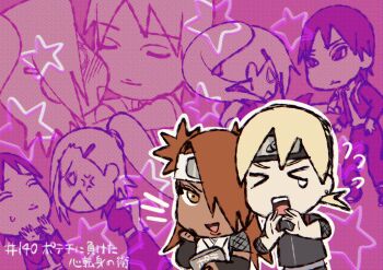 >_< 2boys 2girls akimichi_chouchou anger_vein arm_warmers black_headband blonde_hair blush boruto:_naruto_next_generations brown_eyes chibi commentary_request dark-skinned_female dark_skin earrings forehead_protector hashtag-only_commentary headband high_ponytail highres hug husband_and_wife jewelry long_hair multiple_boys multiple_girls naruto_(series) o_hqfu o_o orange_hair ponytail sai_(naruto) scene_reference short_ponytail star_(symbol) stud_earrings sweatdrop translation_request two_side_up white_headband yamanaka_ino yamanaka_inojin