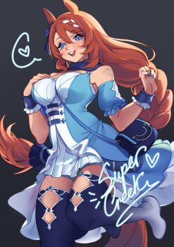 1girl animal_ears bare_shoulders between_breasts blue_bag blue_boots blue_dress blue_eyes blue_nails blue_scarf blush boots bow braid braided_ponytail breasts brown_hair dress ear_bow ear_ribbon enosst gradient_boots hair_between_eyes heart highres horse_ears horse_girl horse_tail large_breasts long_hair looking_at_viewer low-tied_long_hair multicolored_hair open_mouth scarf simple_background smile solo speech_bubble spoken_heart strap_between_breasts streaked_hair super_creek_(murmuring_stream)_(umamusume) super_creek_(umamusume) tail teeth thigh_boots umamusume upper_teeth_only very_long_hair white_hair