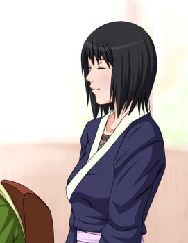 Rule 34 | 2girls, black hair, blush, female focus, indoors, japanese clothes, multiple girls, naruto (classic), naruto (series), shizune (naruto), short hair, smile, solo, standing, tk (tk's level4), tsunade (naruto), window