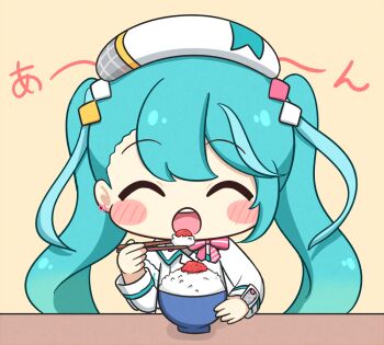 Rule 34 | 1girl, :o, ^ ^, blue hair, blush stickers, bow, bowl, bowtie, chibi, chibi only, chopsticks, closed eyes, commentary request, eating, grey hat, hat, hatsune miku, holding, holding chopsticks, long hair, long sleeves, magical mirai (vocaloid), magical mirai miku, magical mirai miku (2024), nukotun, open mouth, pink bow, pink bowtie, plaid hat, rice, rice bowl, shirt, simple background, solo, striped bow, striped bowtie, striped clothes, twintails, upper body, vocaloid, white hat, white shirt, yellow background