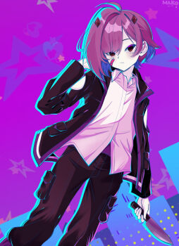 1boy absurdres bandaid bandaid_on_cheek bandaid_on_face black_jacket black_pants closed_mouth commentary commentary_request cowboy_shot english_commentary expressionless hand_up highres holding holding_knife indie_virtual_youtuber jacket knife kurimako long_sleeves looking_at_viewer male_focus mixed-language_commentary open_clothes open_jacket pants parted_bangs purple_background purple_hair red_eyes shirt short_hair solo star_(symbol) virtual_youtuber white_shirt yozora_mako