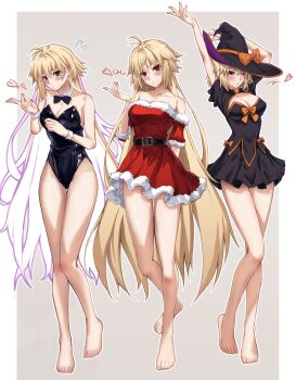 3girls ahoge archetype_earth arcueid_brunestud arcueid_brunestud_(mooncancer) arm_behind_back arms_up bare_legs bare_shoulders barefoot black_leotard blonde_hair blowing_kiss blush bow bowtie breasts cleavage cleavage_cutout clothing_cutout dress fate/grand_order fate_(series) frilled_dress frills hair_intakes halloween_costume hat heart highres huge_breasts leotard long_hair looking_at_viewer miniskirt multiple_girls multiple_persona nervous one_eye_closed playboy_bunny red_eyes santa_costume santa_dress short_hair skirt smile sweat thighs toomishou tsukihime tsukihime_(remake) very_long_hair wavy_hair white_wrist_cuffs witch_hat wrist_cuffs